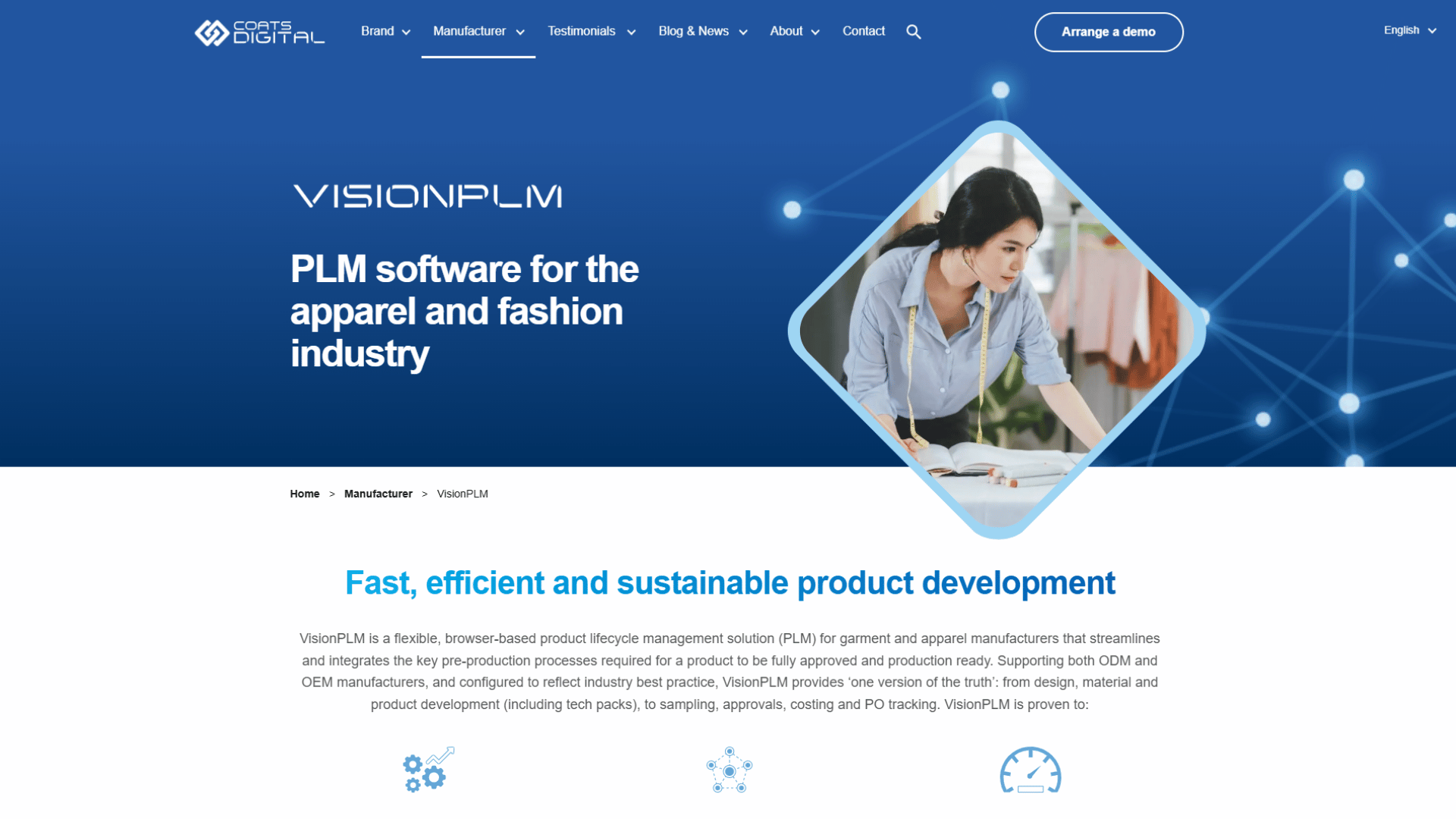 Coats Digital website for VisionPLM featuring the company logo, top navigation menu, 'Arrange a demo' button, headline PLM software for the apparel and fashion industry, a diamond-shaped image of a designer reviewing sketches, a subheading for fast, efficient and sustainable product development, and body text describing VisionPLM as a flexible, browser-based product lifecycle management solution that streamlines pre-production processes from design and tech packs to sampling, approvals, costing, and PO tracking.