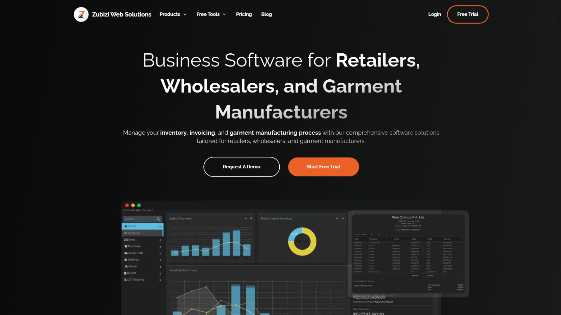 Zubizi Web Solutions website featuring the company logo, top navigation menu, 'Free Trial' button, headline Business Software for Retailers, Wholesalers, and Garment Manufacturers, a subheading to manage inventory, invoicing, and garment manufacturing processes, 'Request A Demo' and 'Start Free Trial' action buttons, and a software dashboard mockup displaying business analytics, sales overview charts, and paid versus unpaid invoice metrics against a dark background.