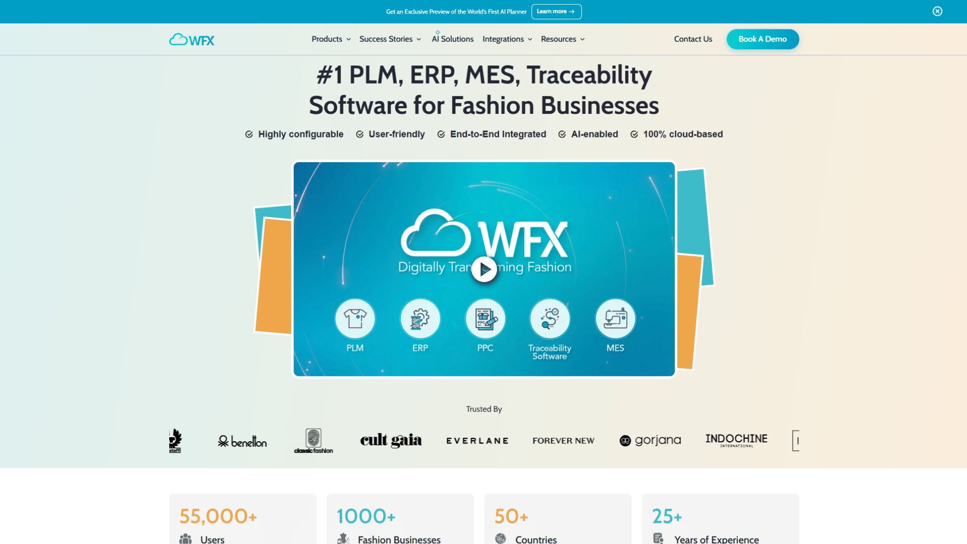 WFX website homepage featuring the WFX logo, top navigation menu with a 'Book A Demo' button, headline #1 PLM, ERP, MES, Traceability Software for Fashion Businesses, feature highlights (Highly configurable, User-friendly, End-to-End Integrated, AI-enabled, 100% cloud-based), an embedded video player preview showcasing PLM, ERP, PPC, Traceability Software, and MES modules, trust badges including brands like Benetton, Cult Gaia, Everlane, Forever New, Gorjana, and Indochine, and statistics displaying over 55,000 users, 1,000+ fashion businesses, 50+ countries, and 25+ years of experience.