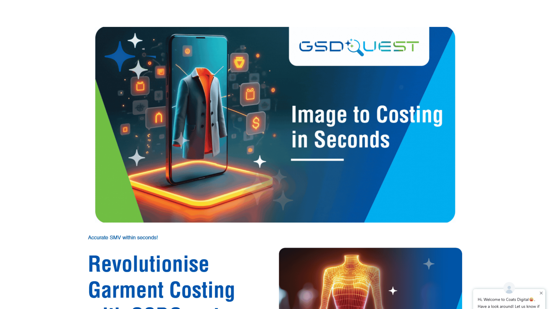 GSDQuest promotional banner featuring the GSDQuest logo, headline Image to Costing in Seconds, and a 3D graphic of a smartphone displaying a coat model with floating e-commerce and pricing icons against a blue and green gradient background."