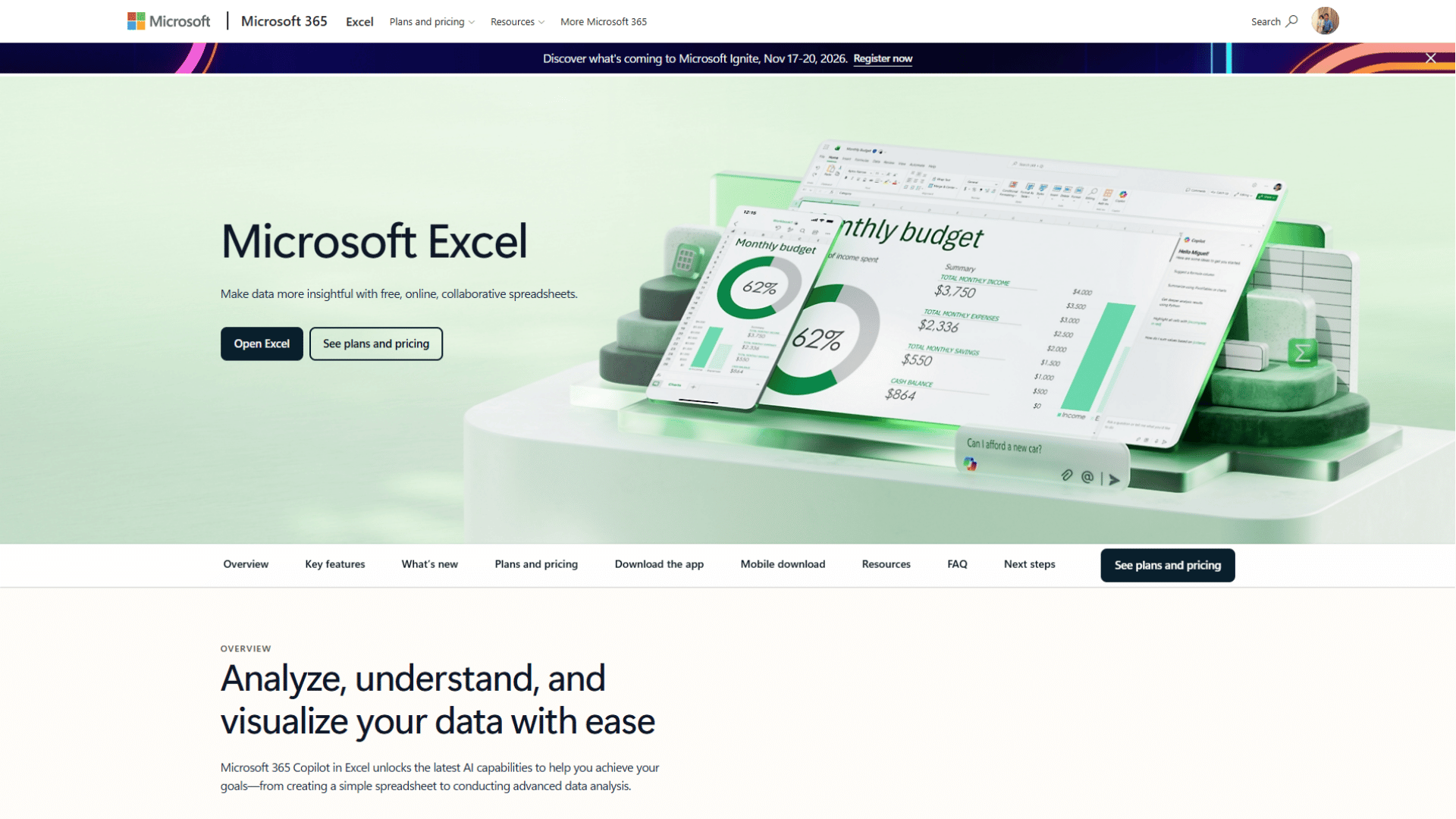 Microsoft 365 website homepage featuring the Microsoft and Microsoft 365 Excel logos, top navigation menu, an announcement banner for Microsoft Ignite, headline Microsoft Excel, descriptive text stating Make data more insightful with free, online, collaborative spreadsheets, 'Open Excel' and 'See plans and pricing' call-to-action buttons, an embedded 3D interface mockup displaying a monthly budget spreadsheet and mobile dashboard with circular progress rings, and a secondary overview section featuring the headline Analyze, understand, and visualize your data with ease.