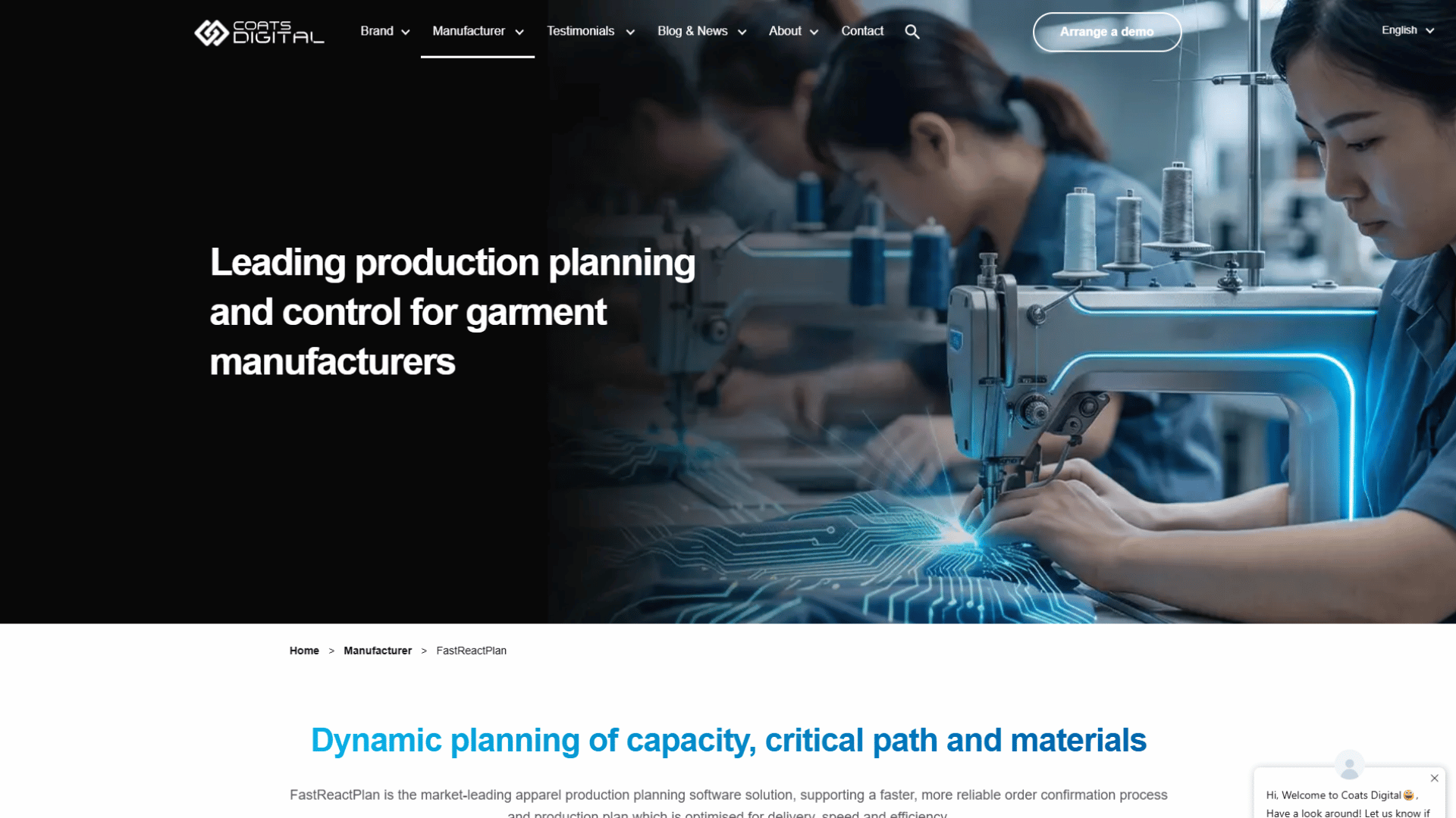Coats Digital website homepage featuring the Coats Digital logo, top navigation menu with an 'Arrange a demo' button, headline Leading production planning and control for garment manufacturers, a photograph of factory workers operating sewing machines with glowing digital circuit graphics, and a subheading introducing Dynamic planning of capacity, critical path and materials.