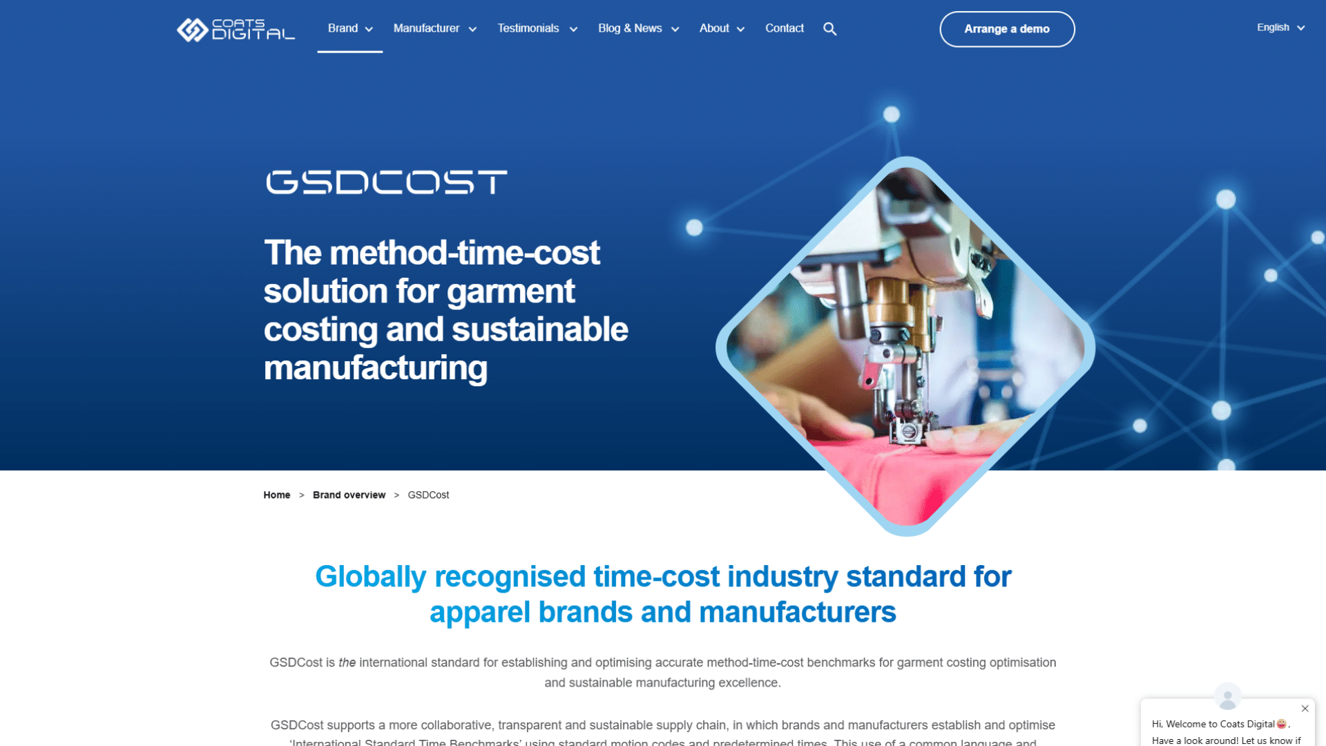 Coats Digital website homepage featuring the Coats Digital logo, top navigation menu with the Arrange a demo button, headline GSDCost: The method-time-cost solution for garment costing and sustainable manufacturing, a diamond-shaped photo of a sewing machine stitching fabric, breadcrumb navigation, and a subheading introducing GSDCost as the globally recognized time-cost industry standard for apparel brands and manufacturers
