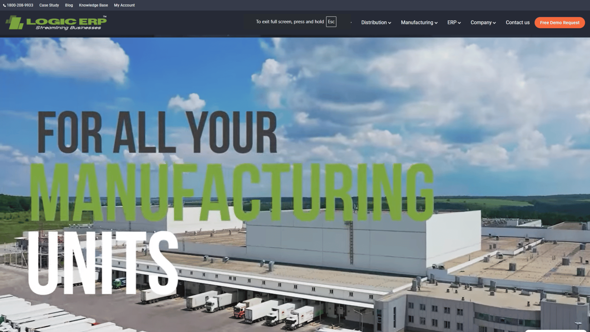 LOGIC ERP website homepage featuring the LOGIC ERP logo with tagline Streamlining Businesses, top navigation menu with a 'Free Demo Request' button, and bold headline FOR ALL YOUR MANUFACTURING UNITS over an aerial view of a large industrial manufacturing plant and loading docks.