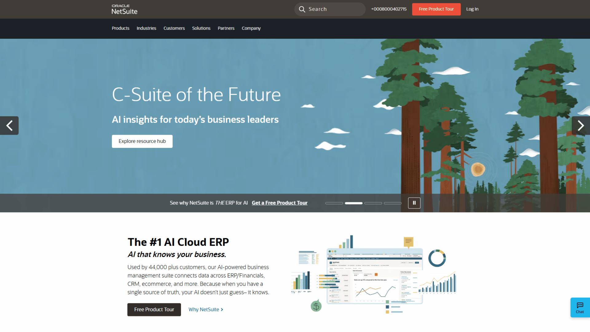 Oracle NetSuite website homepage featuring the Oracle NetSuite logo, top navigation menu with a 'Free Product Tour' button, headline C-Suite of the Future with AI insights for today's business leaders, an illustration of pine trees against a blue background, and a secondary section highlighting The #1 AI Cloud ERP with dashboard analytics and user statistics.